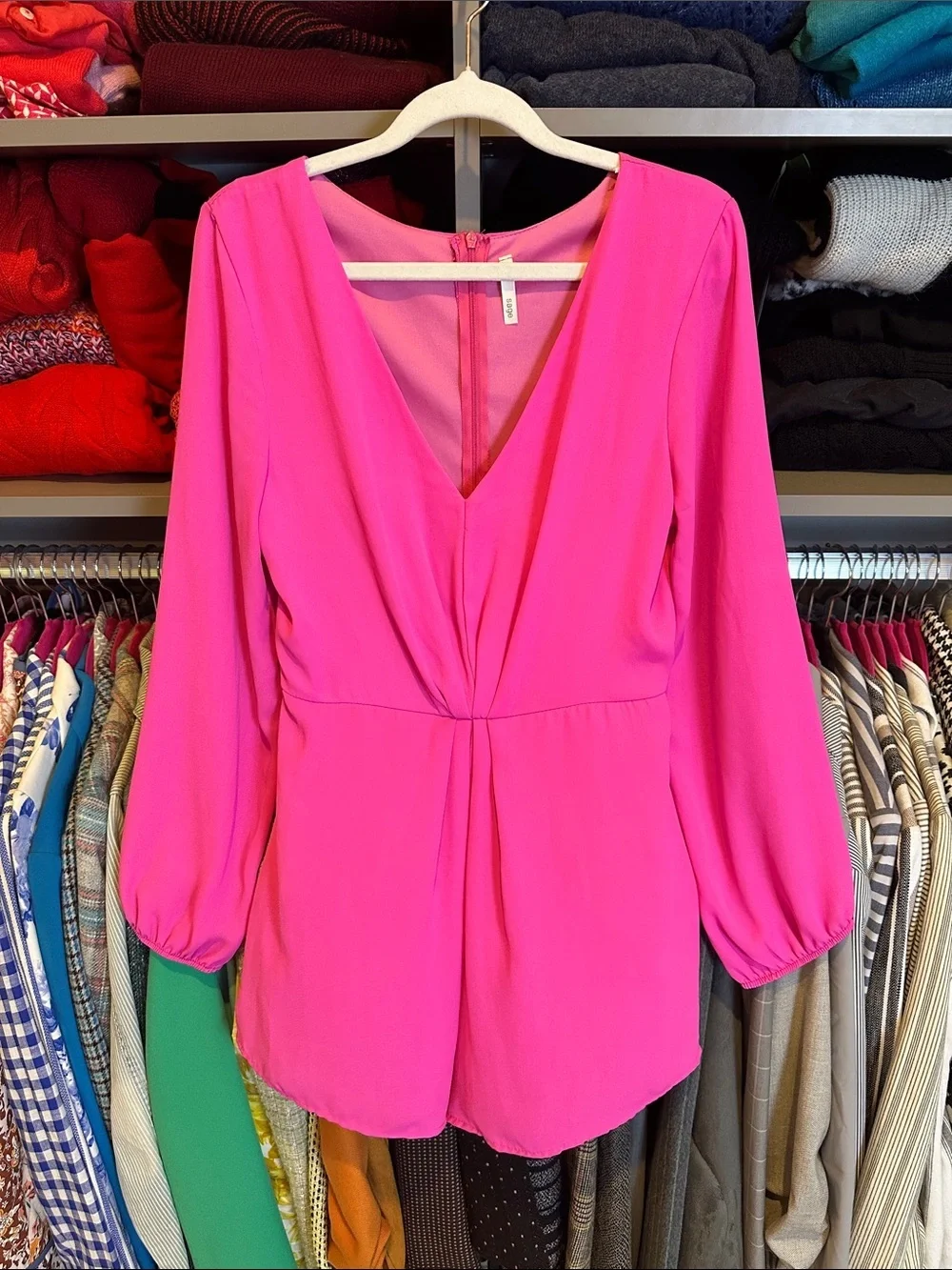 Sage pink long sleeve v neck back zipper closure lined romper size S